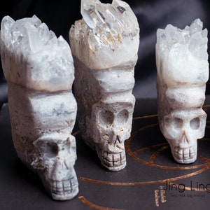 Hand Carved Clear Quartz Skull, ONE-OF-A-KIND Christmas Gift, Spooky Desk Decor, Carved Rock Decor, Crystal Cluster Home Decor, Gothic Decor