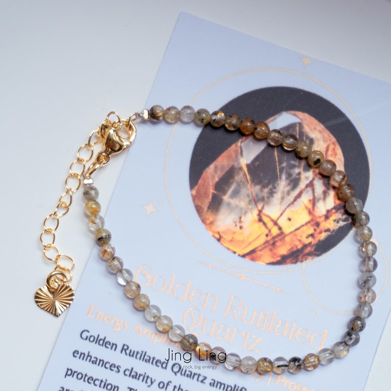 Golden Rutilated Quartz Dainty Beaded Bracelet & Crystal Meaning