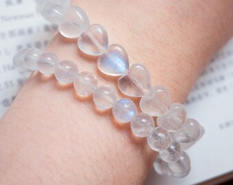 Pulsera de cuentas de piedra lunar en forma de corazón, dije con inicial/signo zodiacal, tarjeta de cristal