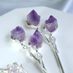 Amethyst Raw Stone Silver Hair Pin Bun Holder, Silver Flower Leaves Long Hair Accessories, Natural Metaphysical Crystal Gift for Her