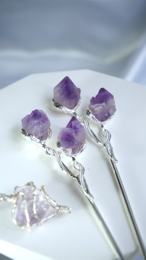 Buy Amethyst Raw Stone Silver Hair Pin Bun Holder, Silver Flower
