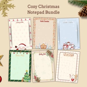 Peut inclure: Un ensemble de blocs-notes Cozy Christmas avec six blocs-notes aux motifs festifs. Chaque bloc-notes présente des illustrations de vacances telles que des bonhommes de neige, le Père Noël et des arbres de Noël, avec des textes comme "Merry Notes" et "Winter Wishes".