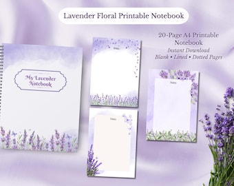 Lavender Floral Printable Notebook | A4 Writing Pages | Blank, Lined & Dotted | Instant Download