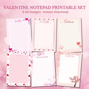 Puede incluir: Un juego imprimible de blocs de notas de San Valentín con seis diseños A6. Los blocs de notas presentan fondos rosas y blancos con detalles de corazones y flores. El texto incluye "Love Notes", "Sweet Thoughts" y "Sweet Messages".