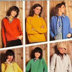 May include: A vintage Bernat pattern book cover featuring six women modeling knit sweaters in various colors. The text reads "Six Classics For Women" and "BERNAT". The sweaters include red, yellow, blue, green, and beige. The book is set against a wooden background.