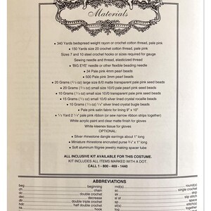 May include: A vintage craft kit instruction sheet titled "1963 Jeweled Presidential Gown." The materials list includes various threads, beads, hooks, and fabric. The sheet also features abbreviations and a call to order the kit.