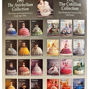 May include: A vintage advertisement for crochet doll patterns. The ad features two collections of dolls, "The Antebellum Collection" and "The Cotillion Collection." Each collection features a different style of doll, with the Antebellum Collection featuring dolls in traditional antebellum dresses and the Cotillion Collection featuring dolls in more modern dresses. The ad also includes a toll-free number for ordering the patterns.