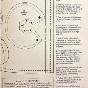 May include: A sewing pattern for a fabric pillow form. The pattern includes instructions for cutting and sewing the fabric pieces, as well as for adding a drawstring and stuffing the pillow. The pattern also includes a list of materials needed for the project, including cotton fabric, sewing thread, fiberfill, a small snap, plastic canvas or cardboard, a cardboard circle, tracing paper, and heavy cord or yarn.