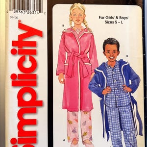 May include: Simplicity sewing pattern for girls' and boys' sleepwear, sizes S-L. The pattern features illustrations of a pink robe and pajama set, and a blue plaid pajama set with a blue robe. The text "It's so easy" is displayed.