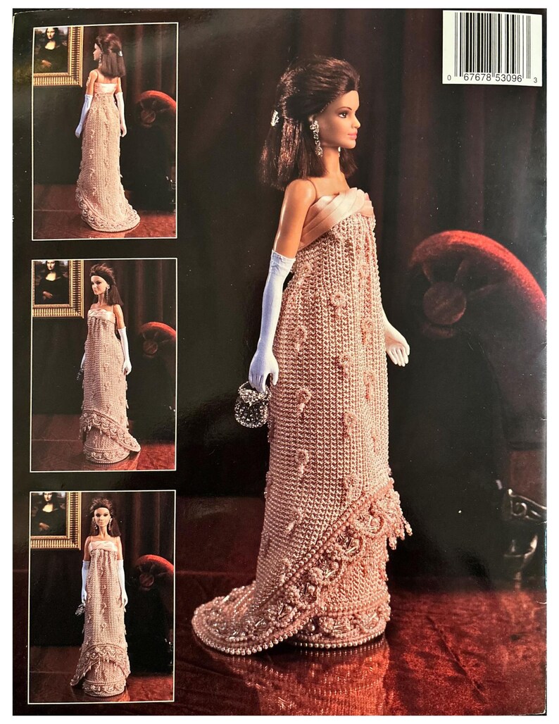 May include: A Barbie doll wearing a peach-colored crocheted gown with white gloves and a small beaded purse. The dress features intricate detailing and a flowing skirt. The image is on a black background with additional images of the doll.