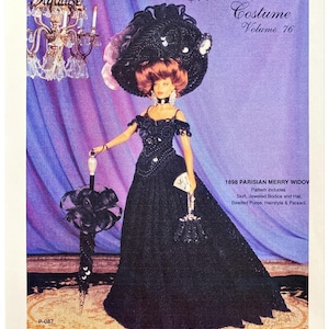 May include: A doll in a black crochet costume, including a long skirt, jeweled bodice, and large hat. The doll holds a parasol and beaded purse. The image is from a "Crochet Collector Costume" pattern book.