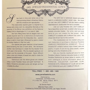 May include: A vintage advertisement for the 1963 Jeweled Presidential Gown, featuring a pink dress inspired by Jacqueline Kennedy's gown. The text details the gown's design, materials, and the Lady Camelot doll. Includes a toll-free number and website.