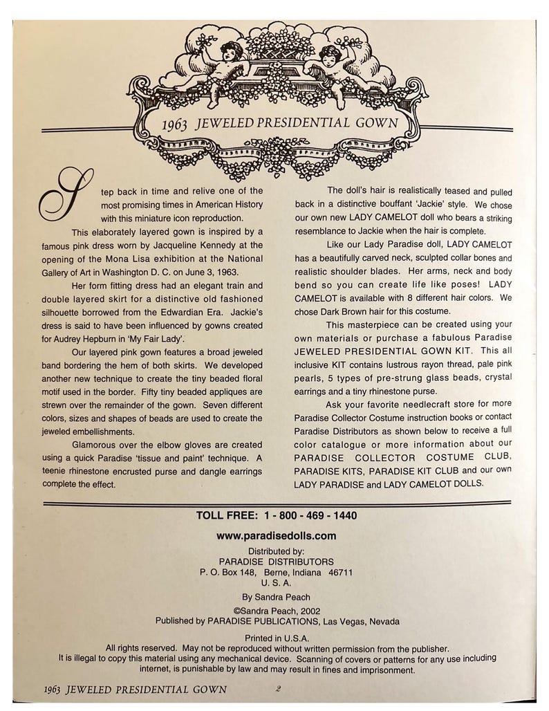 May include: A vintage advertisement for the 1963 Jeweled Presidential Gown, featuring a pink dress inspired by Jacqueline Kennedy's gown. The text details the gown's design, materials, and the Lady Camelot doll. Includes a toll-free number and website.