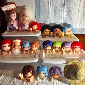 4" Nicky, Coconut Dolls, Acrylic Yarn Head, 3.5" Doll heads, Brown Complexion, 4" Santa Head, Darice and Fibre Craft, 8" Bed Dolls. NOS VTG