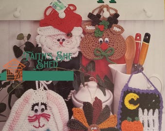 Festive Holiday Towel Toppers vintage digital Crochet Pattern Add Cheer to Your Kitchen Decor  for Santa, Easter Bunny, Hanukkah, Valentines