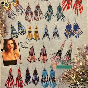 May include: A craft book with instructions for making beaded earrings. The cover features a variety of colourful beaded earrings, including red, blue, green, and gold. The book title is "Beaded Earrings String Beading" by Jo Cuppy.