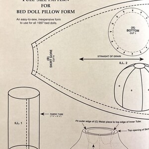 May include: A black and white line drawing of a pattern for a bed doll pillow form. The pattern includes instructions for cutting and sewing the fabric pieces. The text in the image reads "Full-Size Pattern for Bed Doll Pillow Form".