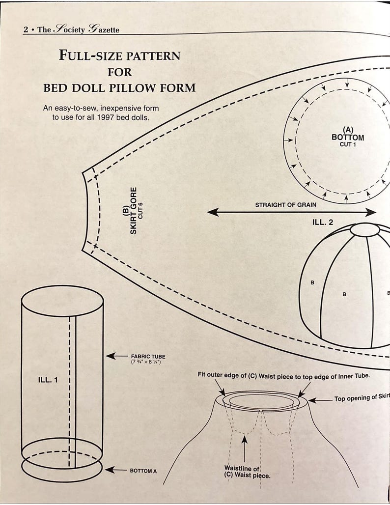 May include: A black and white line drawing of a pattern for a bed doll pillow form. The pattern includes instructions for cutting and sewing the fabric pieces. The text in the image reads "Full-Size Pattern for Bed Doll Pillow Form".