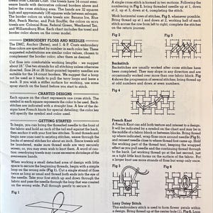 May include: A page from a craft instruction book detailing embroidery techniques. It includes instructions for cross stitch, backstitch, French knot, and lazy daisy stitch, with diagrams. The text describes materials and methods for creating embroidered designs.