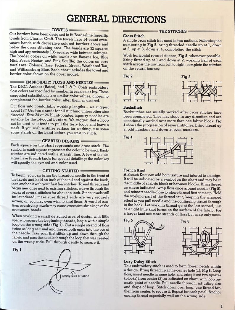 May include: A page from a craft instruction book detailing embroidery techniques. It includes instructions for cross stitch, backstitch, French knot, and lazy daisy stitch, with diagrams. The text describes materials and methods for creating embroidered designs.