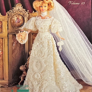 1901 Jeweled French Bridal Gown digital crochet pattern includes Sequins and Pearl Trimmed Gown Purse Bouquet Headpiece and Veil