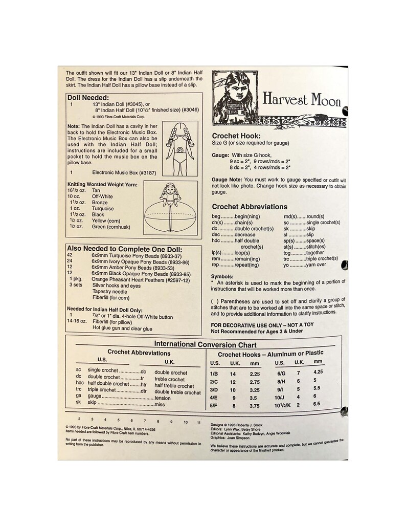 Harvest Moon Vintage Digital Crochet Pattern for 13 Indian Doll