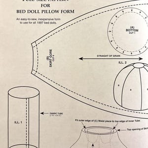 May include: A full-size pattern for a bed doll pillow form, with illustrations and instructions. The pattern includes a fabric tube (7.75" x 8.25") and various cut lines for the pillow's construction. The text reads "The Society Gazette".