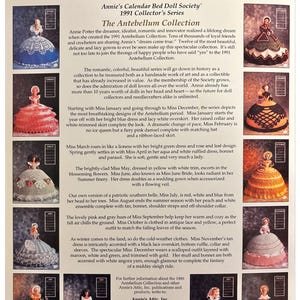 May include: An advertisement for the 1991 Antebellum Collection of Annie's Calendar Bed Doll Society. The page features images of dolls in various gowns, with text describing the collection and contact information.