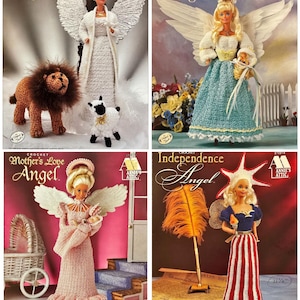 May include: Four crochet angel patterns from Annie's Attic. The patterns feature dolls dressed as angels, each with unique wings and outfits. The "Peace Angel" has a lion and lamb, the "Gardening Angel" has flowers, the "Mother's Love Angel" has a baby, and the "Independence Angel" has a quill.