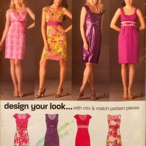 May include: A sewing pattern featuring four women modeling dresses in pink, yellow, and purple. The pattern includes dress designs with various necklines and waist details. The text "design your look..." is visible.