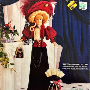 1896 Traveling Costume vintage digital crochet pattern includes skirt and blouse, jacket, hat, purse, parasol and boots for the outfit