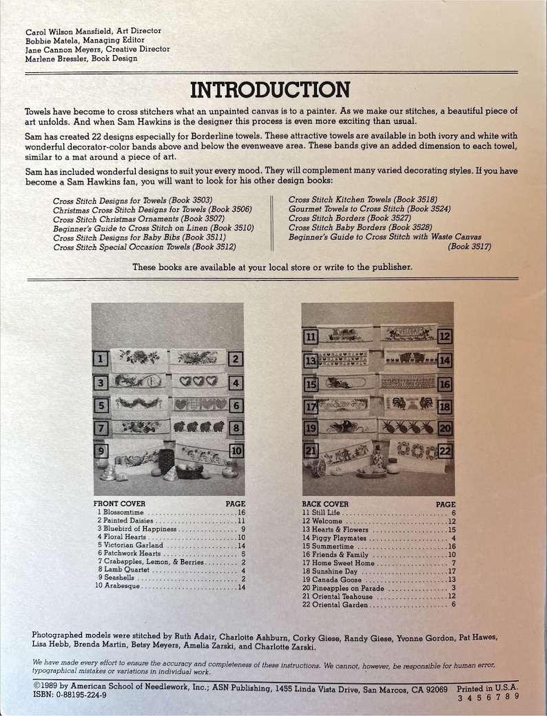 May include: A vintage book cover with a list of cross-stitch towel designs. The cover features a list of designs and a grid of small images. The book is from 1989 and published by the American School of Needlework.