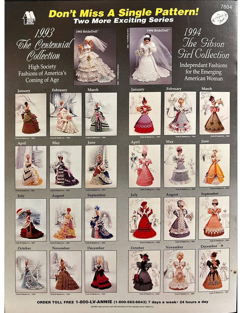 May include: A vintage advertisement for Annie's Attic featuring doll patterns. The 1993 Centennial Collection showcases high society fashions, while the 1994 Gibson Girl Collection highlights independent American fashion. The ad includes images of the dolls and text.