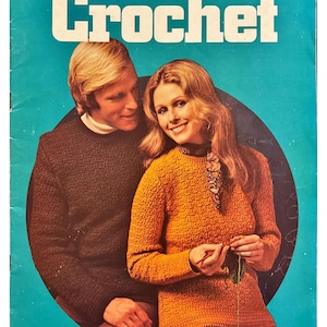 May include: A vintage book cover featuring a couple, a man and a woman, with the title "Teach Yourself to Crochet" in large, bold letters. The book cover is blue with a circle in the center. The woman is wearing a crocheted sweater and holding a crochet hook.