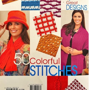 May include: A book cover featuring the title "50 Colorful Stitches" with the text "4 Great Designs." The cover includes images of crochet patterns in various colors, a woman wearing a red hat and scarf, and another woman wearing a pink cardigan.