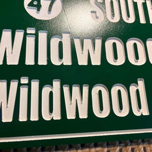 Puede incluir: Primer plano de una se&ntilde;al de tr&aacute;fico verde con letras blancas en relieve. El letrero dice "Wildwood" y "Wildwood Cr". El n&uacute;mero "47" es visible en un c&iacute;rculo blanco en la parte superior.