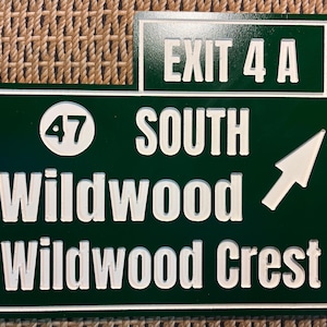 Puede incluir: Un letrero de carretera verde y blanco con el texto "EXIT 4 A" en la parte superior. Debajo, se lee "47 SOUTH Wildwood Wildwood Crest" con una flecha blanca que apunta hacia la derecha. El letrero es rectangular con un borde blanco.