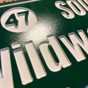 Puede incluir: Primer plano de un letrero verde con letras blancas en relieve. El letrero dice "EXIT SOUTH" y "Wildwood". Un c&iacute;rculo blanco contiene el n&uacute;mero "47". El letrero tiene una superficie texturizada.