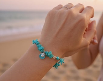 Bohemian Starfish Charm Bracelet, Turquoise Gravel Beads
