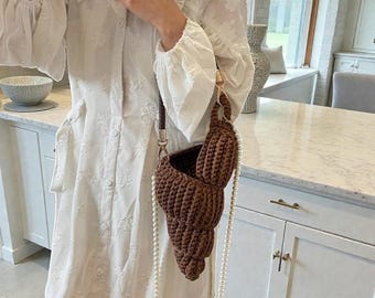 Handmade Crochet Seashell Bag, Pearl Detail, Bohemian Purse