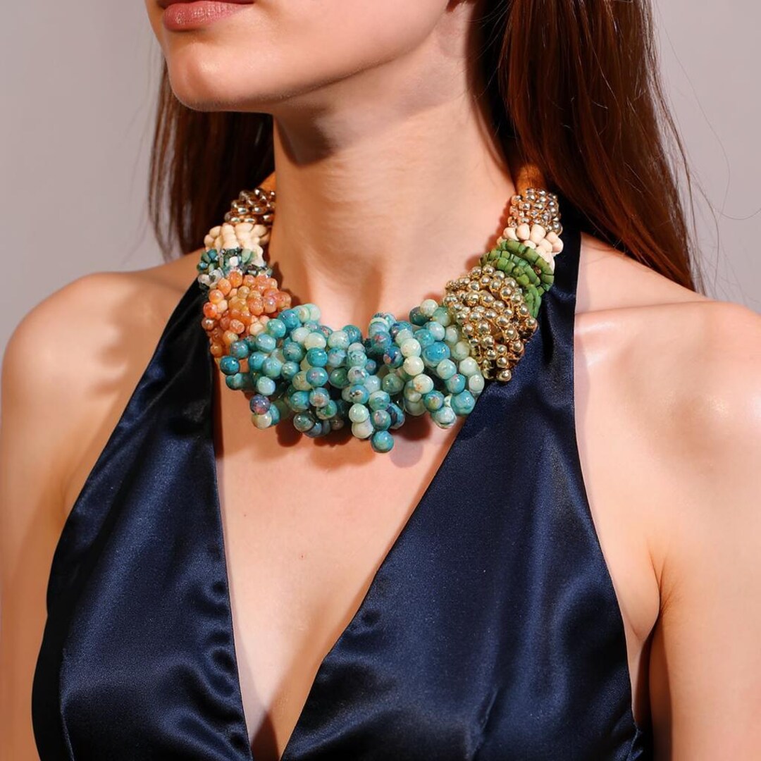 ✨NEW Bohemian Boho Green Beaded Collar Statement Necklace Green Statement Necklace for Women, Handmade Boho Chic  main image 3