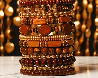 Wooden Beaded Bracelet Set, Gold Accents, Boho Stackable Bracelets