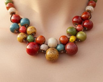 Boho Perlenkette für Frauen, minimalistische Keramik Halskette, verstellbare Keramikperlen Halskette, Modeschmuck, Geschenk für sie, Vintage