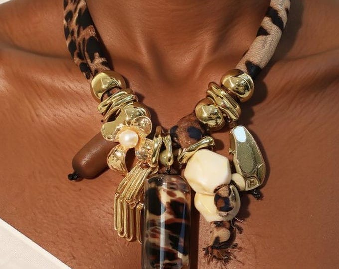 Retro Leopard Statement Necklace, Chunky Beaded Safari Chic