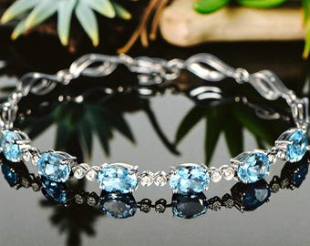 Aquamarine & Blue Topaz Bracelet, Sterling Silver Chain