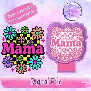 Puede incluir: Archivo digital con dos diseños con la palabra "Mama". Un diseño tiene un fondo de tablero de ajedrez con flores coloridas. El otro diseño es un diseño en forma de flor con la palabra "Mama" en el centro. El texto "Digital File" está en la parte inferior.