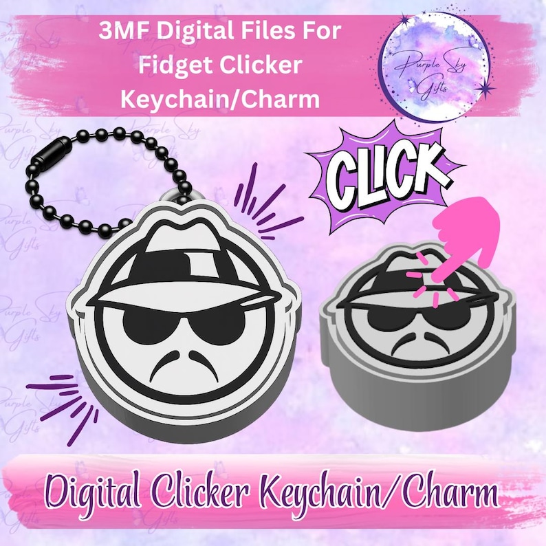 May include: Digital clicker keychain/charm featuring a cartoon character with a fedora, sunglasses, and a mustache. The design is in black and white with a gray border. The text "CLICK" is in a purple burst. The keychain is attached to a black chain.