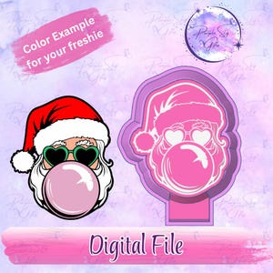 May include: A digital file featuring a Santa Claus design blowing a bubblegum bubble. Santa wears heart-shaped sunglasses and a red hat with white trim. The text "Color Example for your freshie" and "Digital File" are also present.