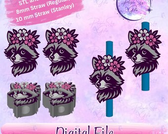 PLIKI CYFROWE Floral Raccoon STL i 3MF na słomkę - rozmiary 8 mm i 10 mm