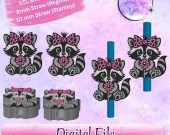 Cute Raccoon with Bow STL and 3MF DIGITAL FILES For Straw Topper - 8 mm and 10 mm Sizes